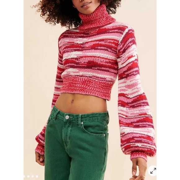For Love and Lemons Striped Pink Wilma Cropped Turtleneck Sweater Anthropologie - Picture 1 of 9